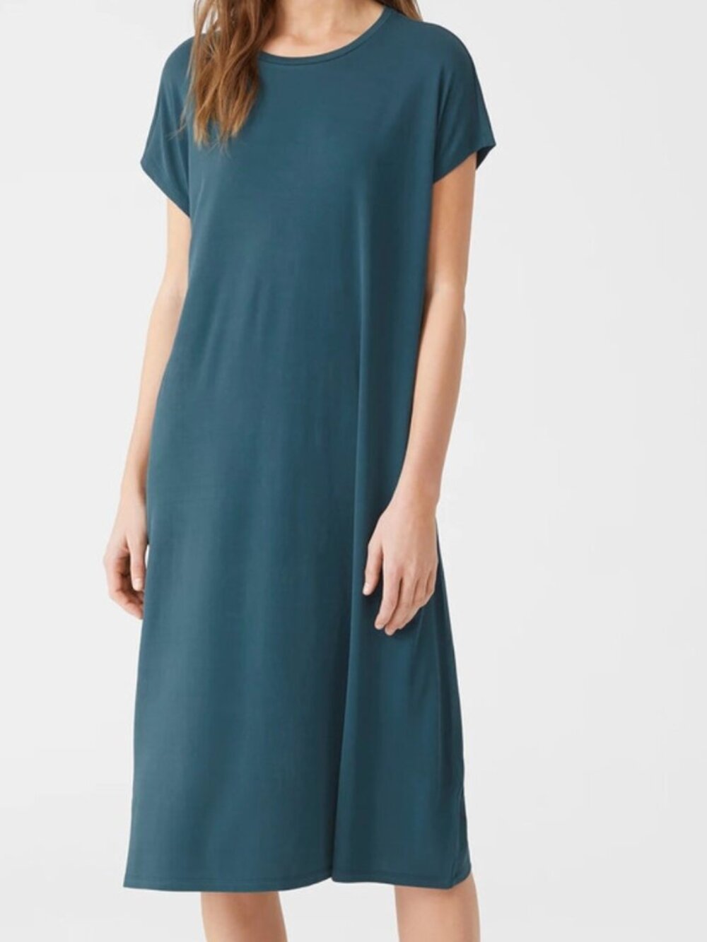 Eileen Fisher Stretch Silk Jersey Crew Neck Dress Teal L Midi Length Oversized